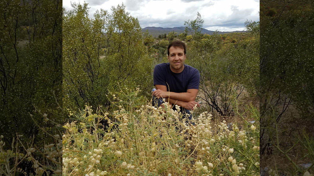 Michael Grillo sitting in a field of legume plants.